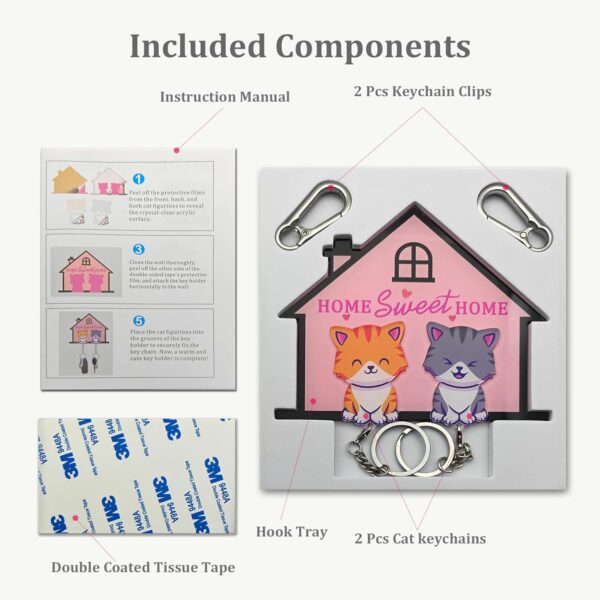 Cat Couple Keychains with Wall Mount – Acrylic Hook Tray & Gift Set for Cat Lovers (5.5” x 4.3”)