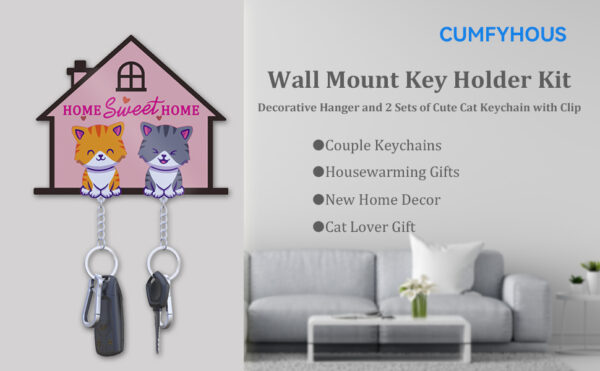 Cat Couple Keychains with Wall Mount – Acrylic Hook Tray & Gift Set for Cat Lovers (5.5” x 4.3”)